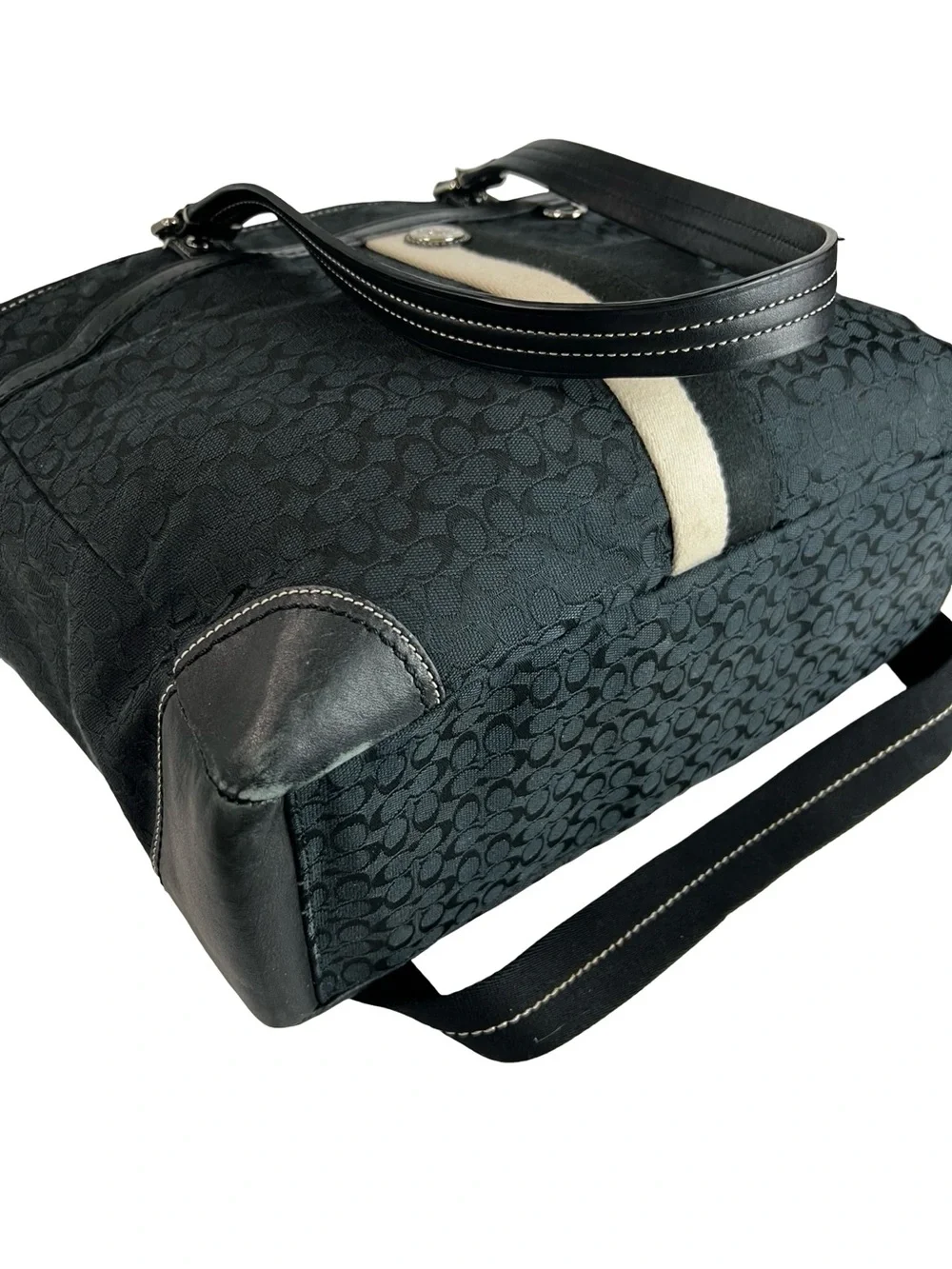 Coach Signature Stripe Multifunction Diaper Tote Bag Black Canvas Blue Interior